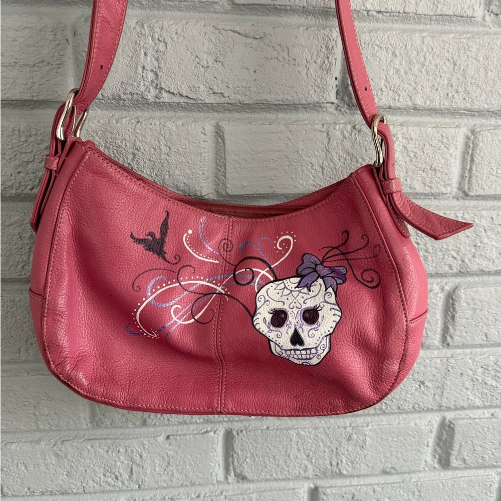 Hand painted Pink Skull Leather Shoulder Bag